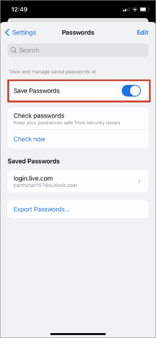 disable saved passwords