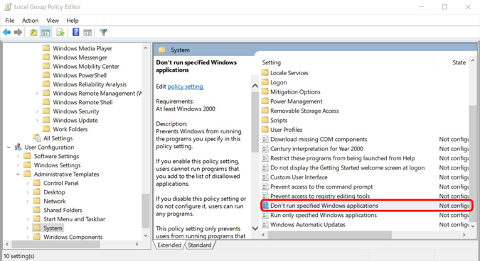 Enabling not running specific applications using group policy