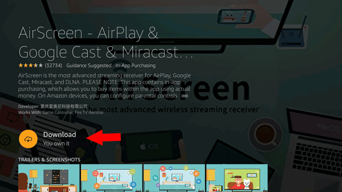 Downloading AirScreen app on Fire TV