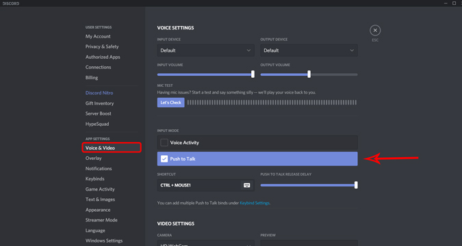 Enabling Push to talk feature on Discord settings