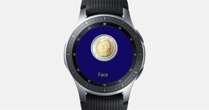 Screenshot of the Galaxy Watch with Toss app showing a Face of the coin with a blue background on the Watch Screen