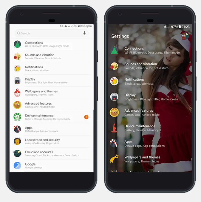 Christmas themed Substratum theme with a girl as wallpaper on the Settings page. Custom icons, Christmas themed.