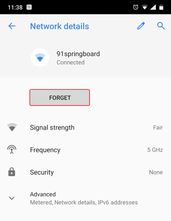 tap on forget network to clear off wifi settings and data