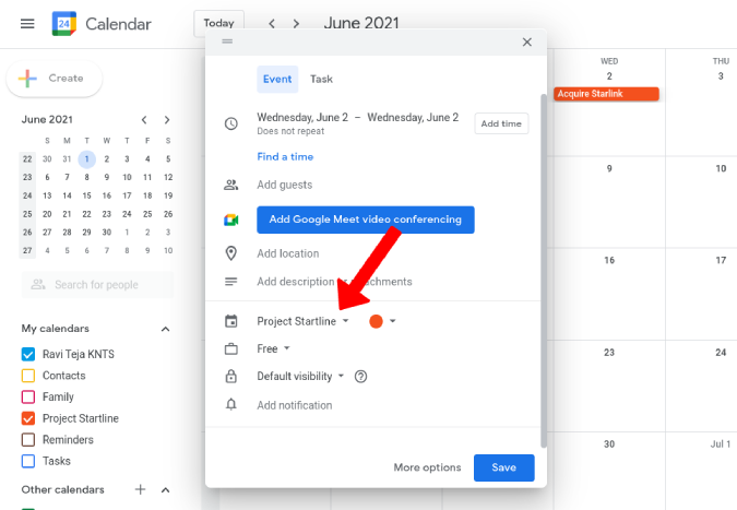 selecting the shared calendar while creting an event