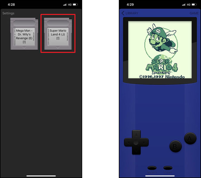 Tap on any cartridge to play the Gameboy game on your iPhone. Second screenshot shows gameboy with full DPad and buttons.
