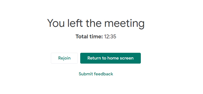 Google meet showing total time after the call ended