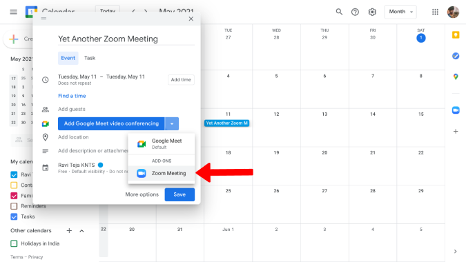 Select Zoom Meeting in the drop down menu in google calendar