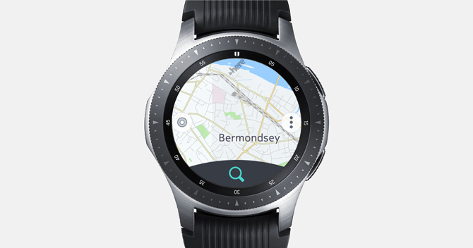 Screenshot of the Galaxy Watch with here WeGo map and a search button on the bottom.