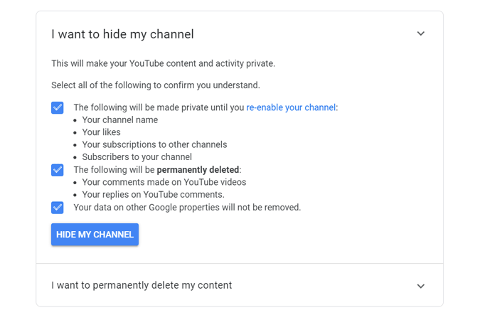 Hiding YouTube channel to delete all comments