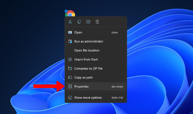 opening properties of icons on Windows 11 desktop