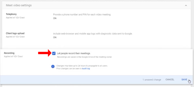 Enabling recording in the Google Admin panel