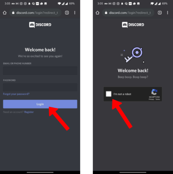 logging in to Discord in mobile browser
