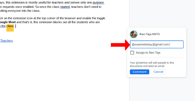 Adding email id to assign task on Google Docs