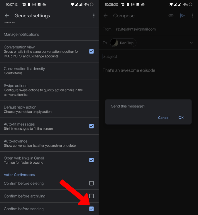 Enabling Confirm before sending option on Gmail 