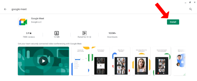 Installing Google Meet app from Play Store 