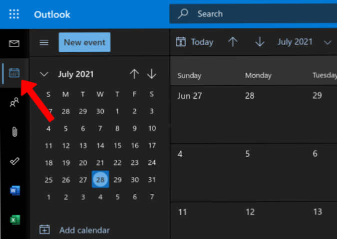 Calendar option on Outlook