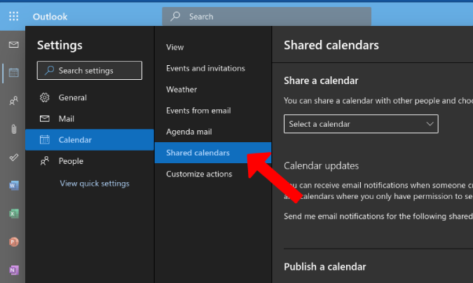Opening Shared Calendars settings on Outlook