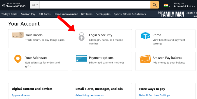 Login and Security option in Amazon settings