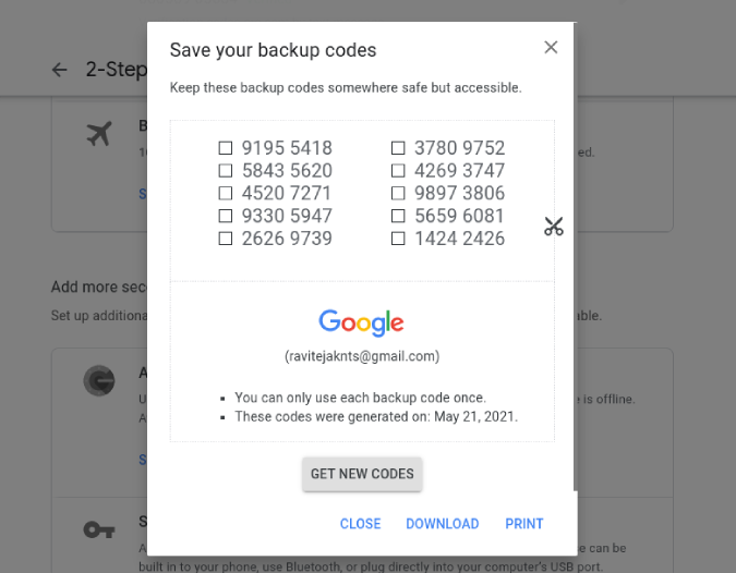 Backup codes of Google Account