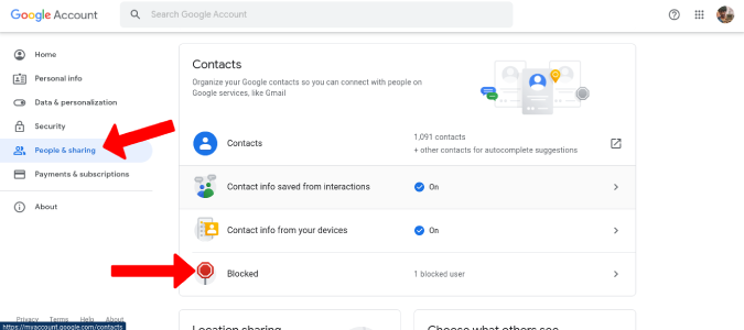 Opening blocked contacts in Google Account
