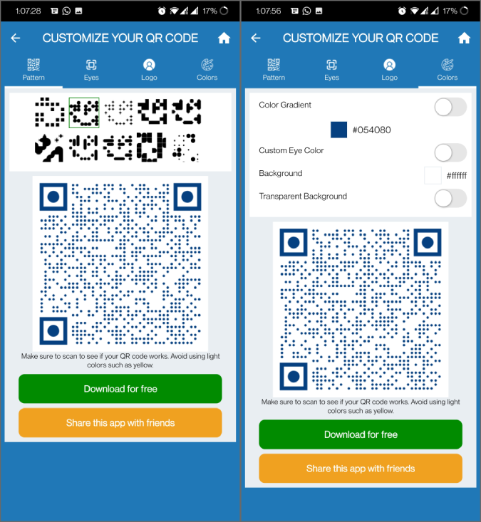 Customizing QR Code in QR Tiger app 
