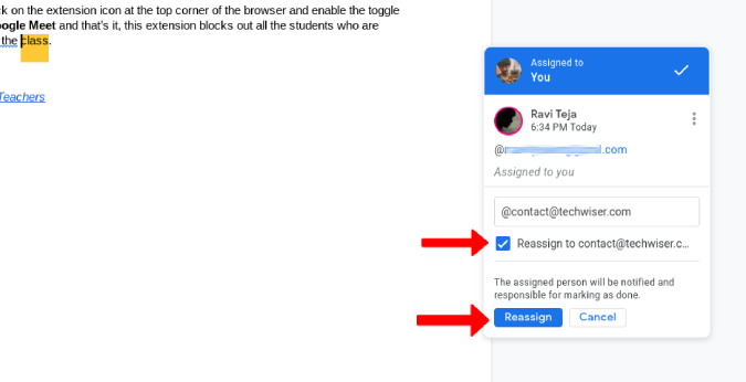 Reassigning tasks on Google Docs