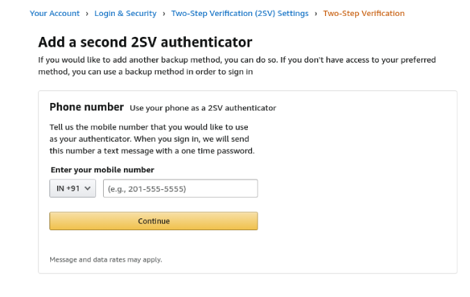 Entering the mobile number to use for 2SV