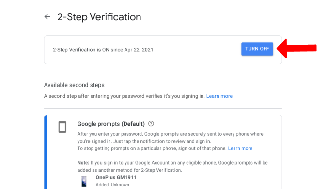 turning off 2-step verification