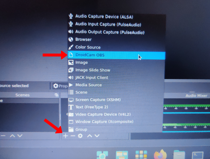 Selecting Droidcam OBS as source in OBS Studio