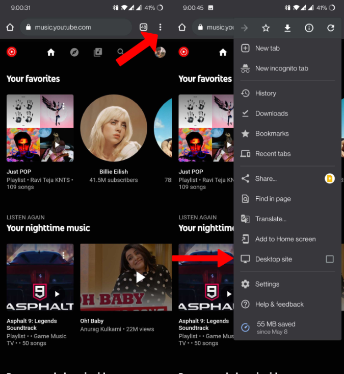 opening desktop view for YouTube Music 