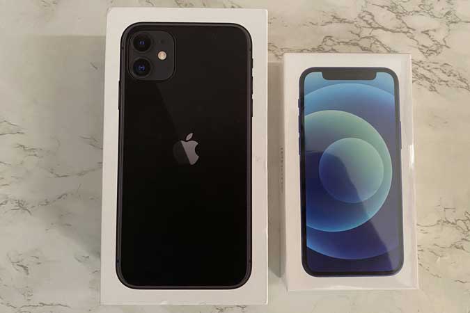 iPhone 11 box and iPhone 12 mini box side by side