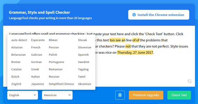 Language tool web app showing all the languages it supports 