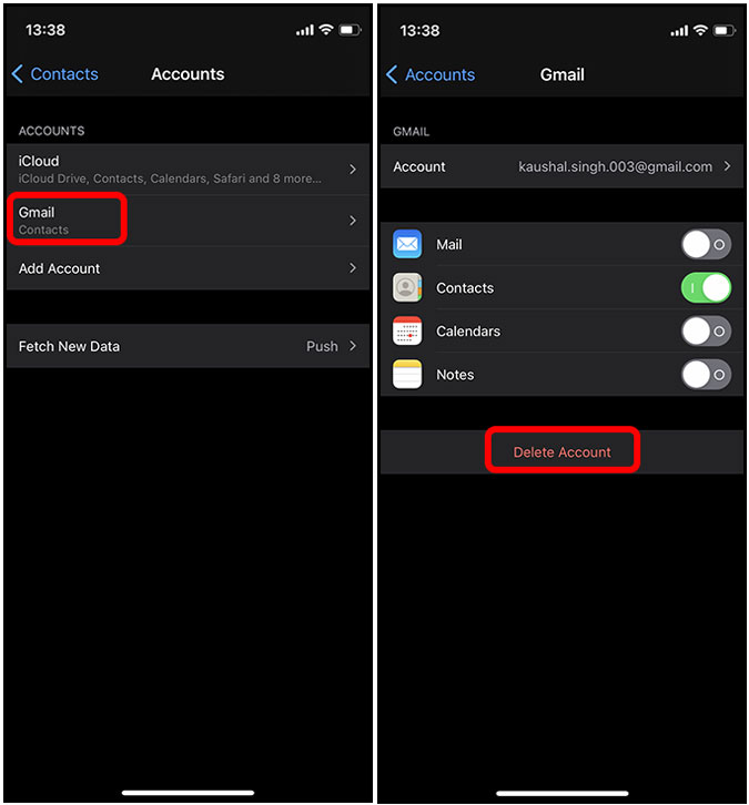 Delete Gmail account and contacts associated with it on iphone