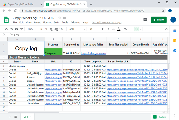 copy files and folders in Google Drive- log file