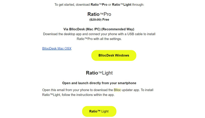 Email from Blloc with both Ratio Pro and Ratio Light
