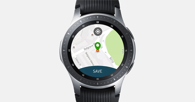 Screenshot of the Galaxy Watch with Map My Run app showing the starting position and a Save Button.