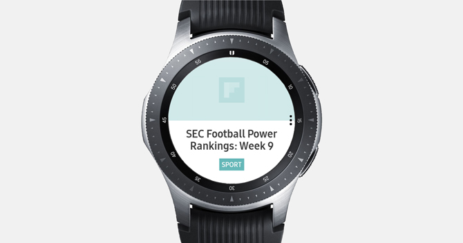 Screenshot of the Galaxy Watch with Flipboard app showing new about footballl