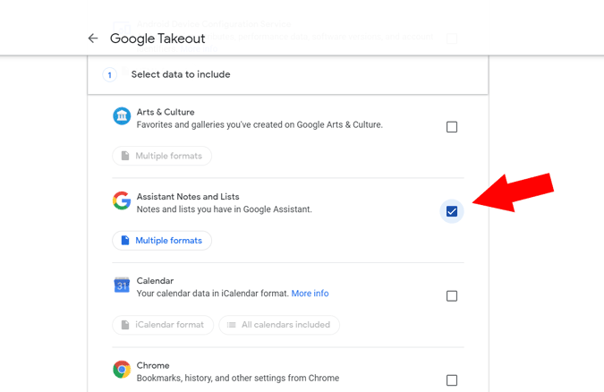 Selecting Assistant Notes and Lists option in Google Takeout