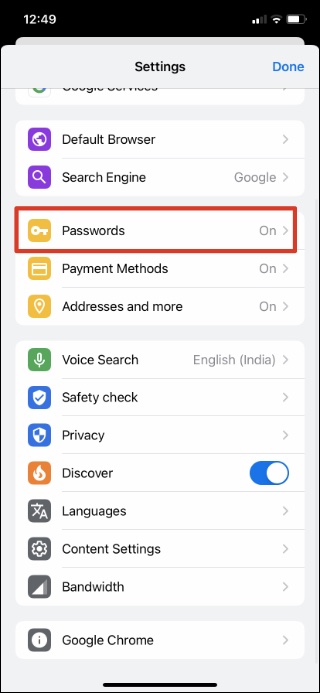 go to passwords menu