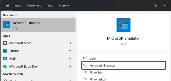 Opening Windows Emulator as administrator