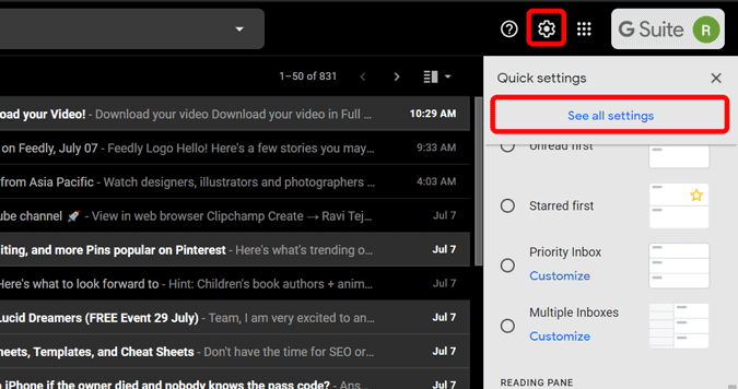 Opening settings on Gmail