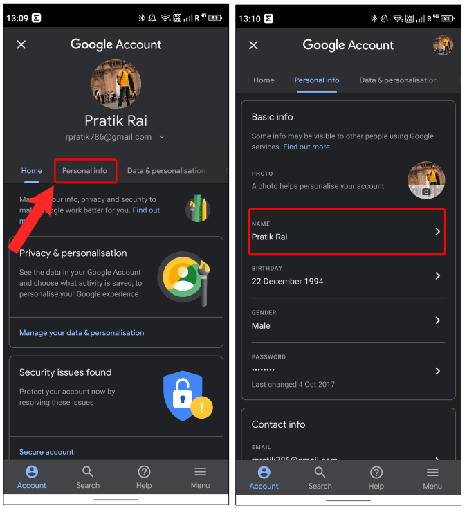 name options in google account settings
