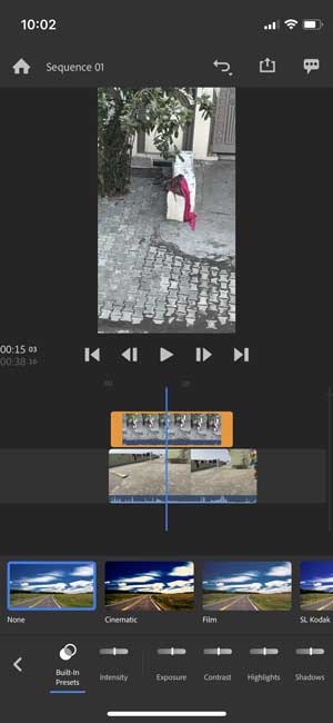 adobe premiere rush editing a vertical video with different color presets