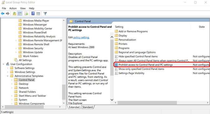 Blocking the access to control panel using Group Policy 