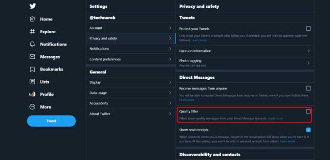enable quality filter in the Twitter Settings