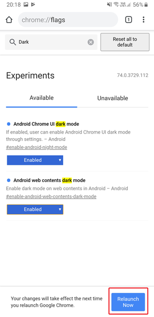 Dark mode on Google Chrome- relaunch now