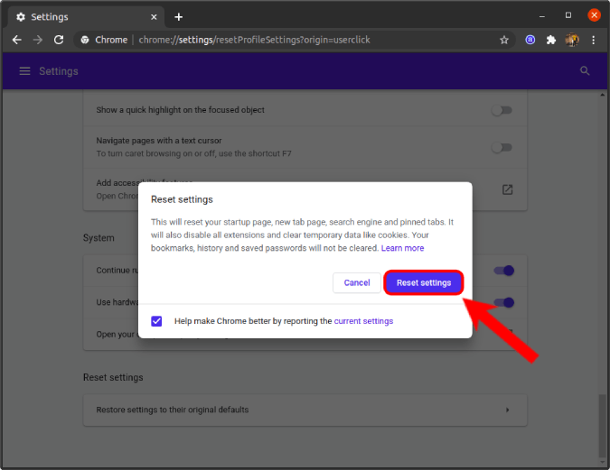 reset settings button in chrome settings