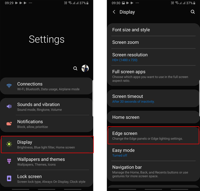 opening edge panel in Samsung system settings