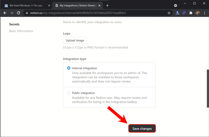 save changes on notion integration