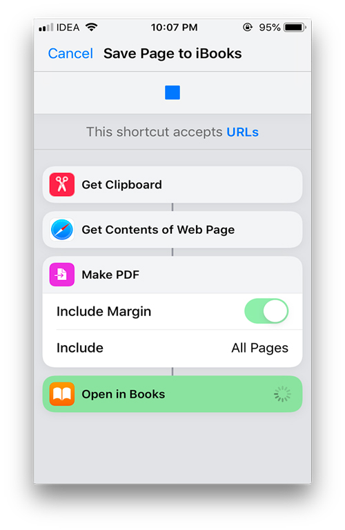 Useful shortcuts for apple's shortcut app- save page to iBooks